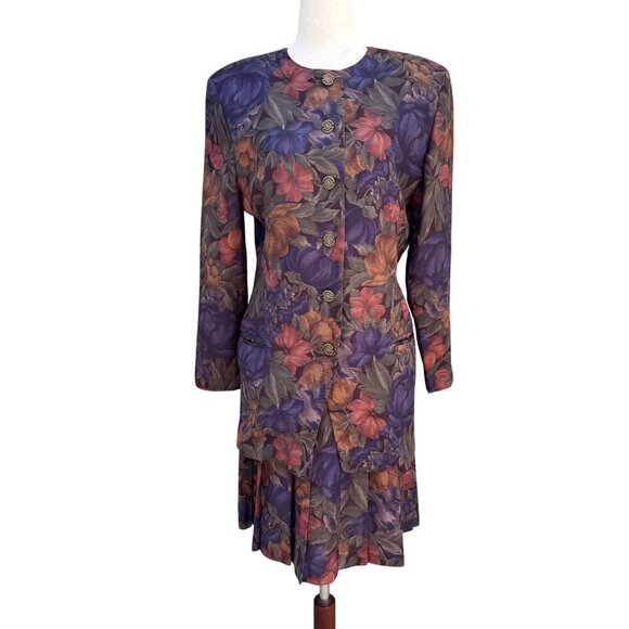 Toni Garment CC Magic Vintage Floral Button Up Pleated Jewel Tone Blazer Skirt S - Picture 1 of 12
